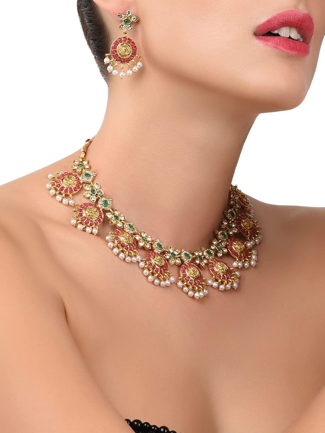 ZAVERI PEARLS Gold Tone Traditional Temple Choker Necklace Set For Women-ZPFK8983