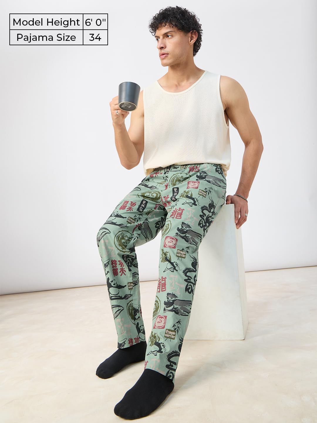 The Souled Store Kung Fu Panda: Warrior Men and Boys Elastic Waistband Green All Over Printed Cotton Regular Fit Lightweight All-Season Lounge Pyjamas