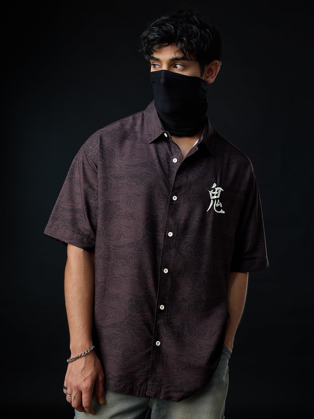 The Souled Store: The Last Shogun Men and Boys Short Sleeve Collared Neck Button Front Dark Brown Graphic Printed Rayon Oversized Shirts