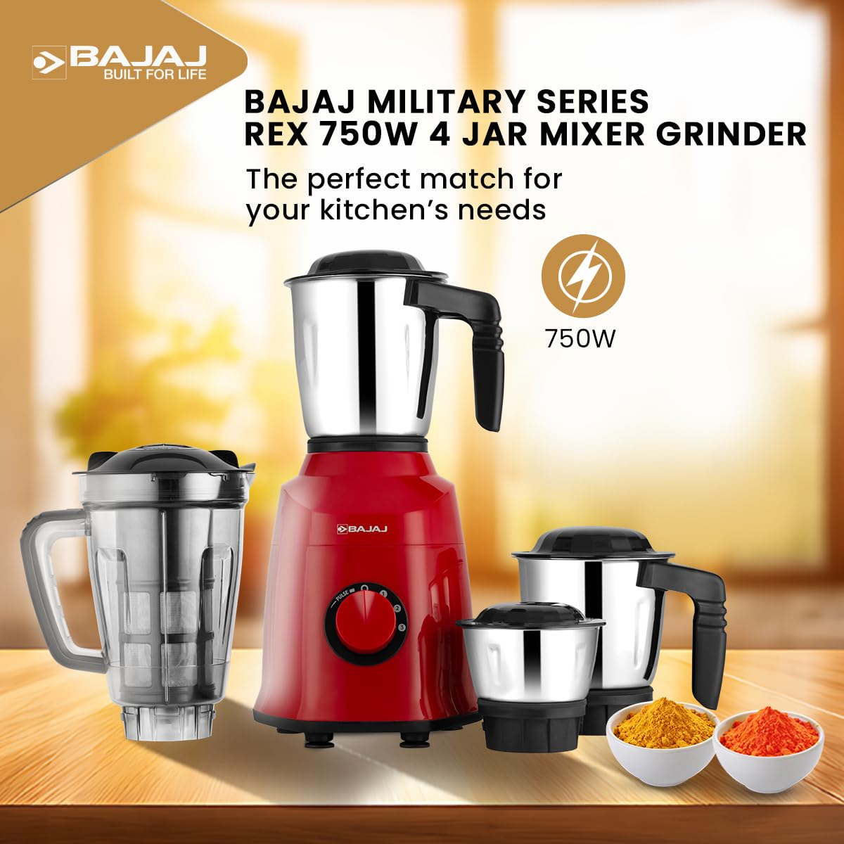 Bajaj Military Series Rex 750W 4 Jar Mixer Grinder | DuraCut Blades | 2-In-1 Function Blade In Dry Jar | 2 Yrs Warranty 【Red/Black】