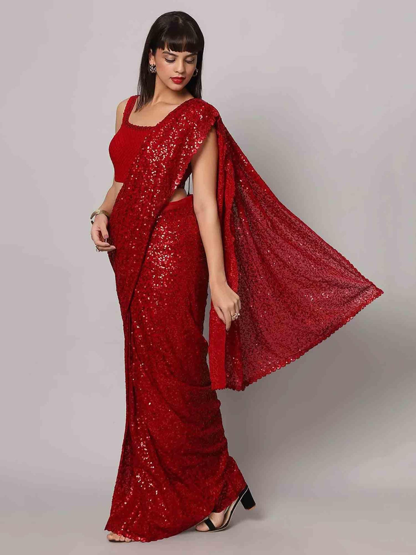 Zeel Clothing Women's Red Sequins Work Heavy Georgette Saree with Blouse (1010-Ruby-Red-Sequins-Party-Saree-New, Ruby Red)