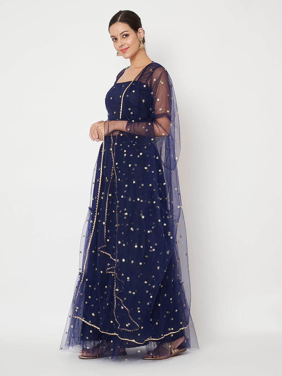 studio rasa Women's Net Sequin Embroidered Tiered Lehenga Set for Wedding Festive Party (LHSC52402L_Navy_Large)