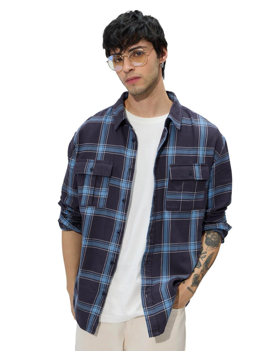 The Souled Store Plaid: Blue Men and Boys Long Sleeves Collared Neck Button Front Cotton Utility Shirts