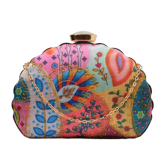 Artklim Floral With Embroidery Round Moon Clutch Bag for Women with Detachable Strap