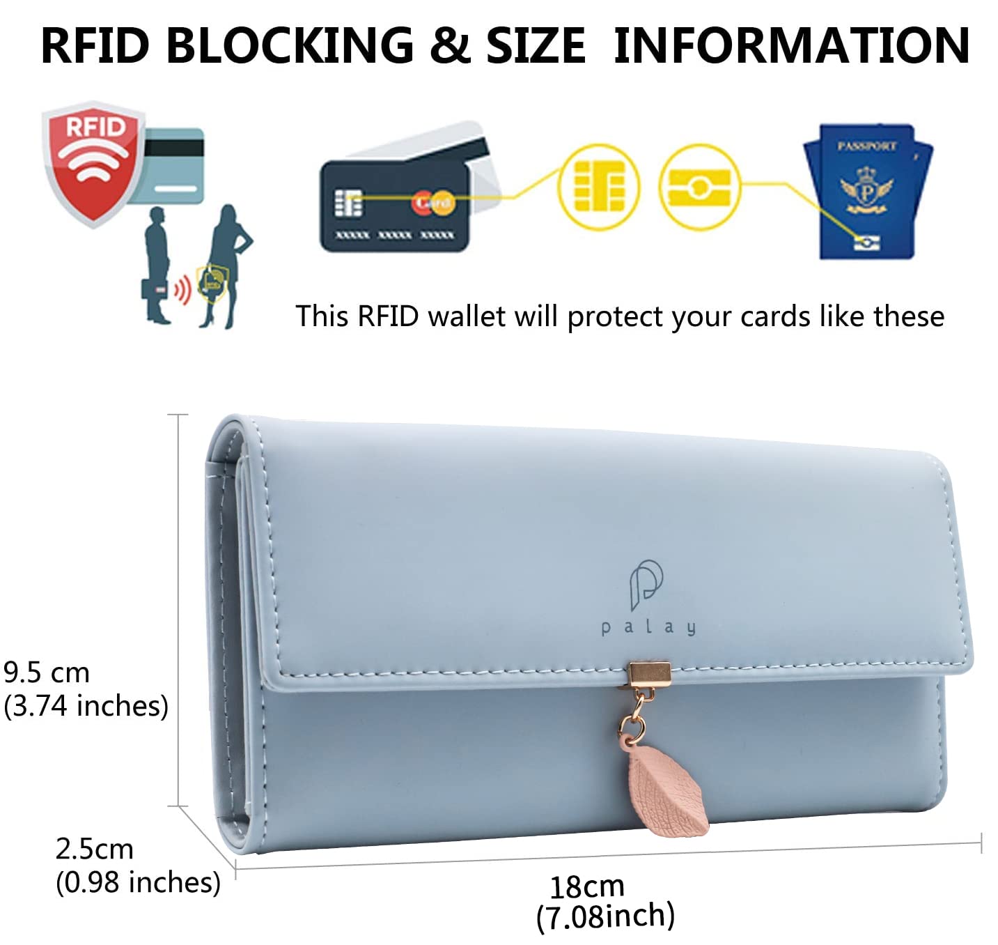 PALAY® Women's PU Leather Long Wallet with Leaf Pendant Card Holders Phone Pocket Girls Zipper Coin Purse (Blue)
