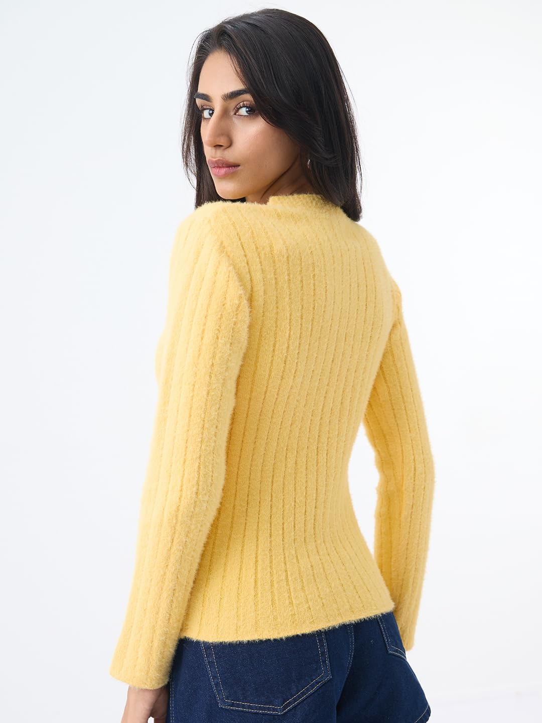 The Souled Store Minions: Dave Women and Girls Long Sleeves Round Neck Bright Yellow Ribbed Knit Embroidered Acrylic Nylon Blend Regular Fit Casual Winter Sweater