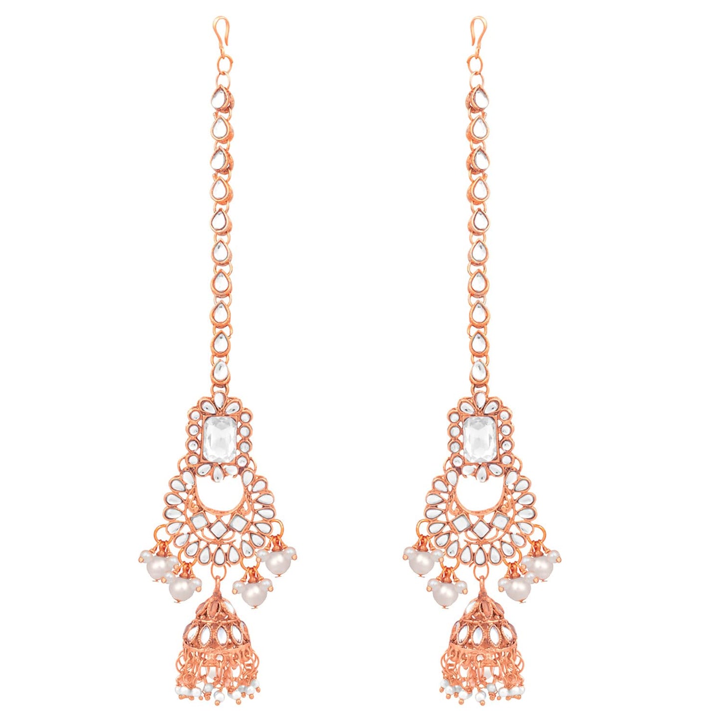 Peora Rose Gold Plated Kundan Crystal & Beads Studded Bridal Necklace Earrings Maangtikka Paso Hath Panja Nathiya Jewellery Set for Women