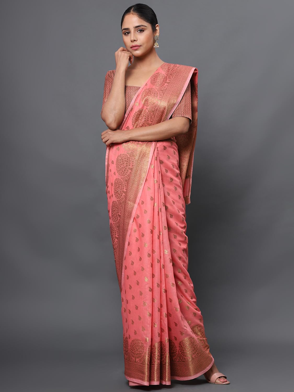 leeza store Women's Pink Cotton Silk Blend Golden Zari Tree Pattern Border Rich Pallu Banarasi Saree With Blouse Piece