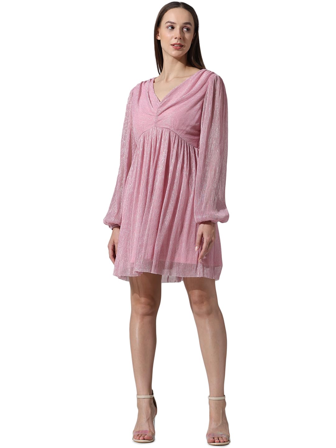 ONLY Women Solid Polyester Above Knee Fit & Flare Pink A-line Dress