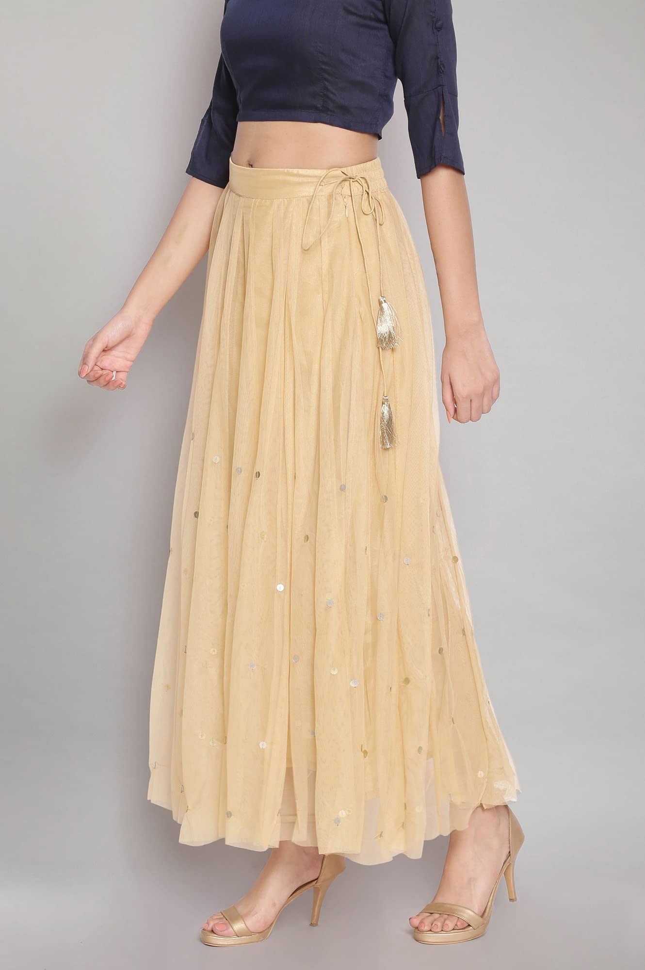 W for Woman Gold Solid Sequin Flared Woven Skirt (WCR50453-215243-S)