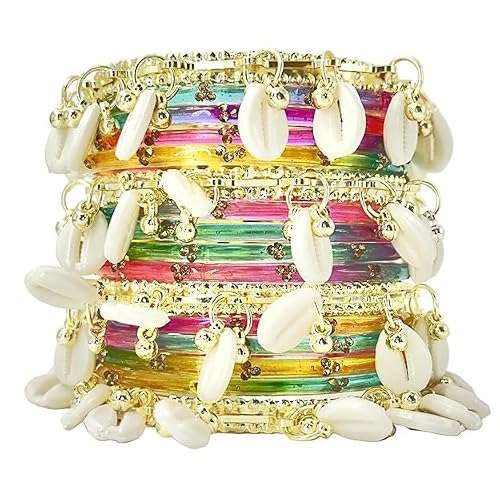 BANGLESKART 16pc Glossy Multi Set Kashmiri Ghunghroo Bangles Cowrie Shell Kaudi Glass Churi Haldi Jewelry Women (multicolour, two set for two hand, 2.8) (two set for two hand, 2.8)