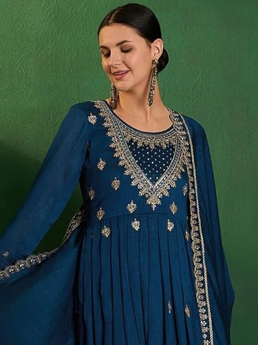 AVYUKTHA | Women Ethnic Motifs Embroidered Kurta with Trors & Dupatta | Traditional Thread Work Kurta Set for Festive & Daily | Navy | Size- 2XL