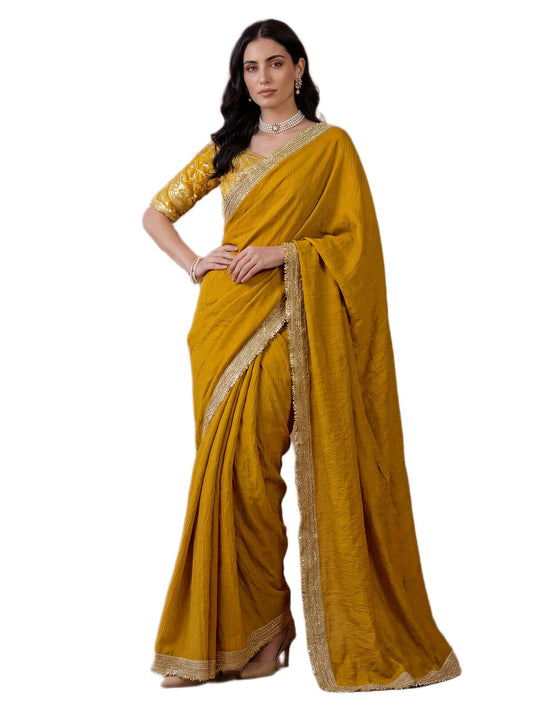 SIRIL Women's Silk Plain Saree with Unstitched Blouse Piece (5140S1092A_Mustard Yellow)
