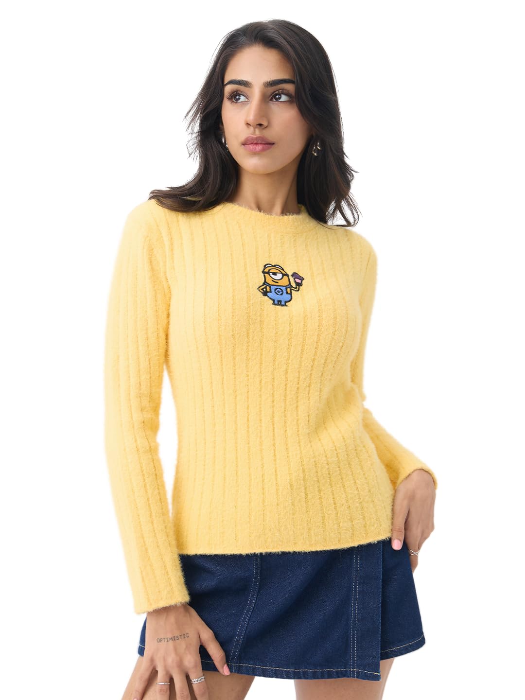 The Souled Store Minions: Dave Women and Girls Long Sleeves Round Neck Bright Yellow Ribbed Knit Embroidered Acrylic Nylon Blend Regular Fit Casual Winter Sweater
