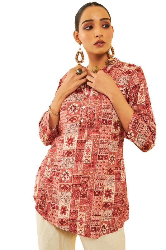 Soch Womens Brown Rayon Ethnic Motif Foil Printed Mandarin Collar Tunic