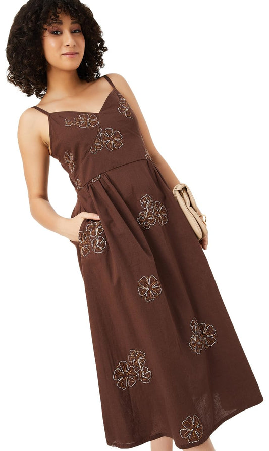 Max Women's Cotton A-Line Midi Casual Dress (EE54001_Dark Brown