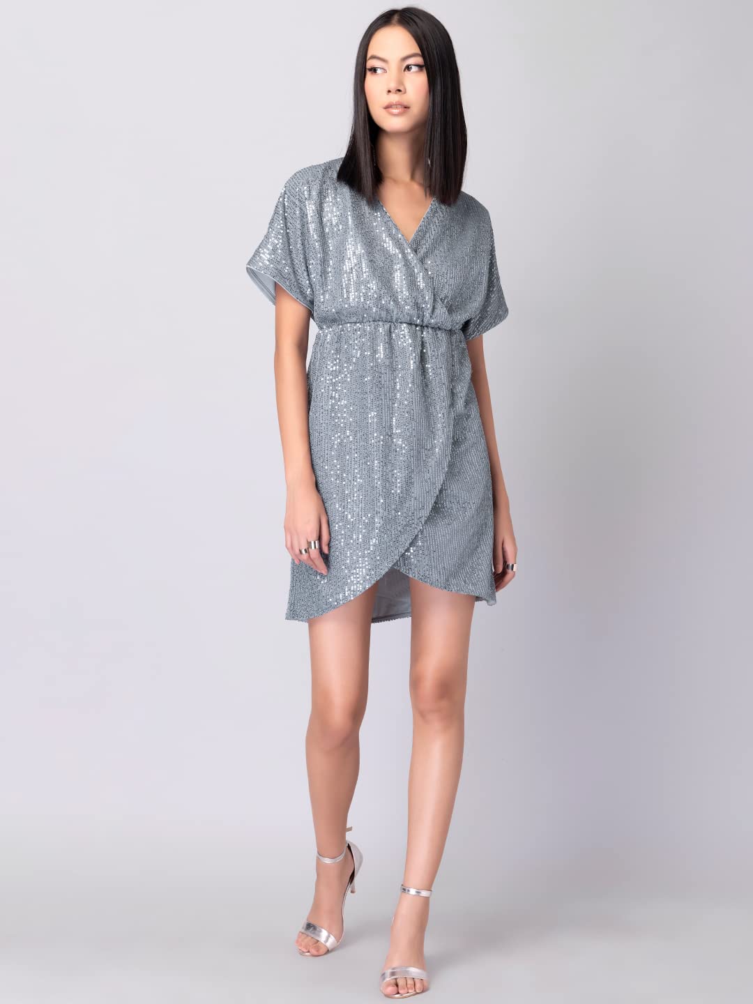FabAlley Women's Net Silver Sequin Wrap Dress Mini (DRS05439 S)