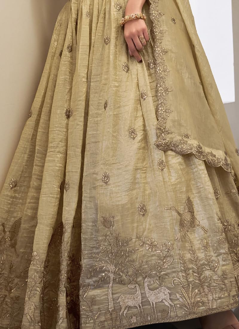 JIHU CULTURE Beige Silk Thread Sequence Embroidery Work Semi-Sttiched Lehenga Choli Set For Women