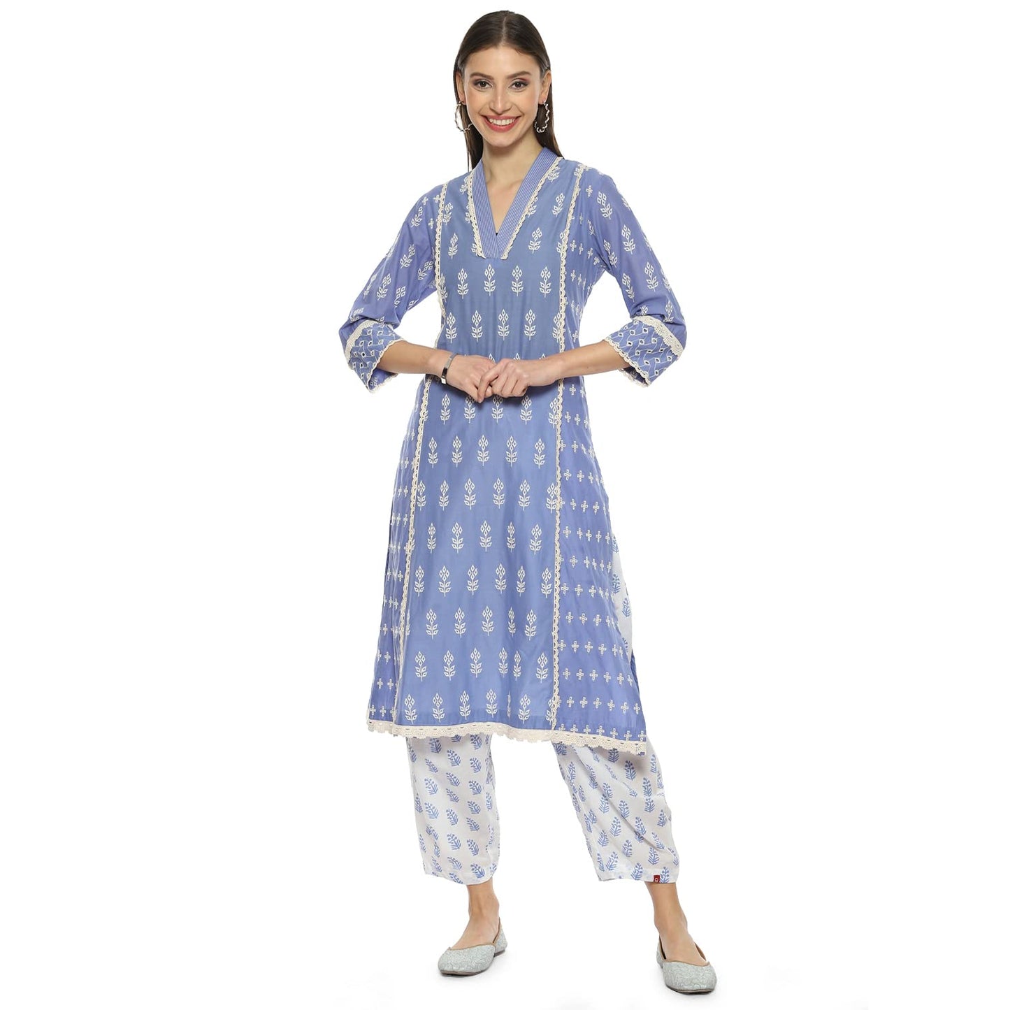 BIBA Women's Lilac Cotton Straight Embroidred Kurta