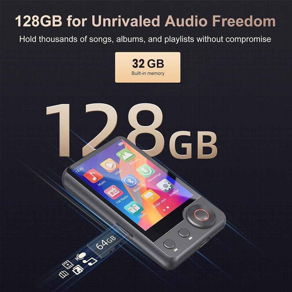 AUDIOCULAR M71 MP3 Music Player with Bluetooth 5.3, HiFi Speaker, 2.4” Touch Screen, 32GB Storage (Up to 128GB), Dual Audio Jack, Type-C Port, Video Playback, E-Book, Alarm, FM Radio etc. (32GB-Grey)