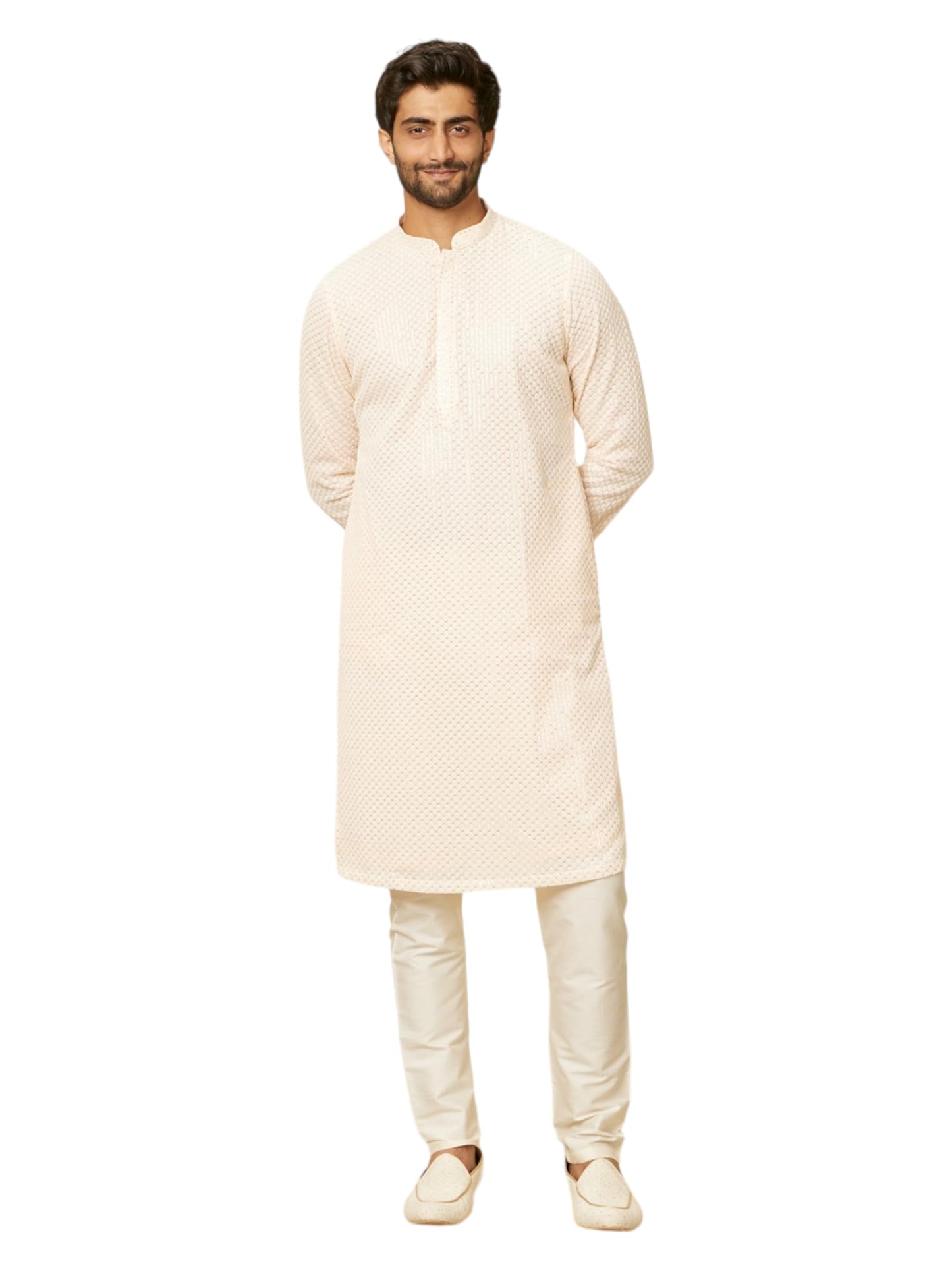 Manyavar Mens Peach Georgette Embroidered Kurta Pyjama Set