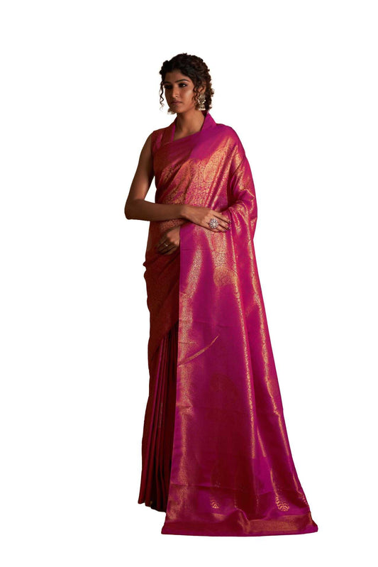 Vardha Women's Kanchipuram Art Silk Saree with Unstitched Blouse Piece - Gold Copper Silver Zari Woven Work Sarees for Wedding (Aarna Silk_604)