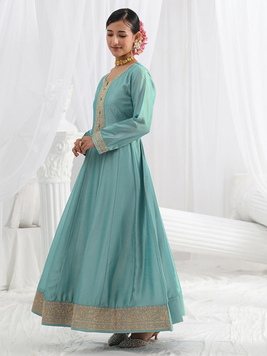Libas Embroidered Silk Blend A-Line Ethnic Dress with Dupatta-93613XL