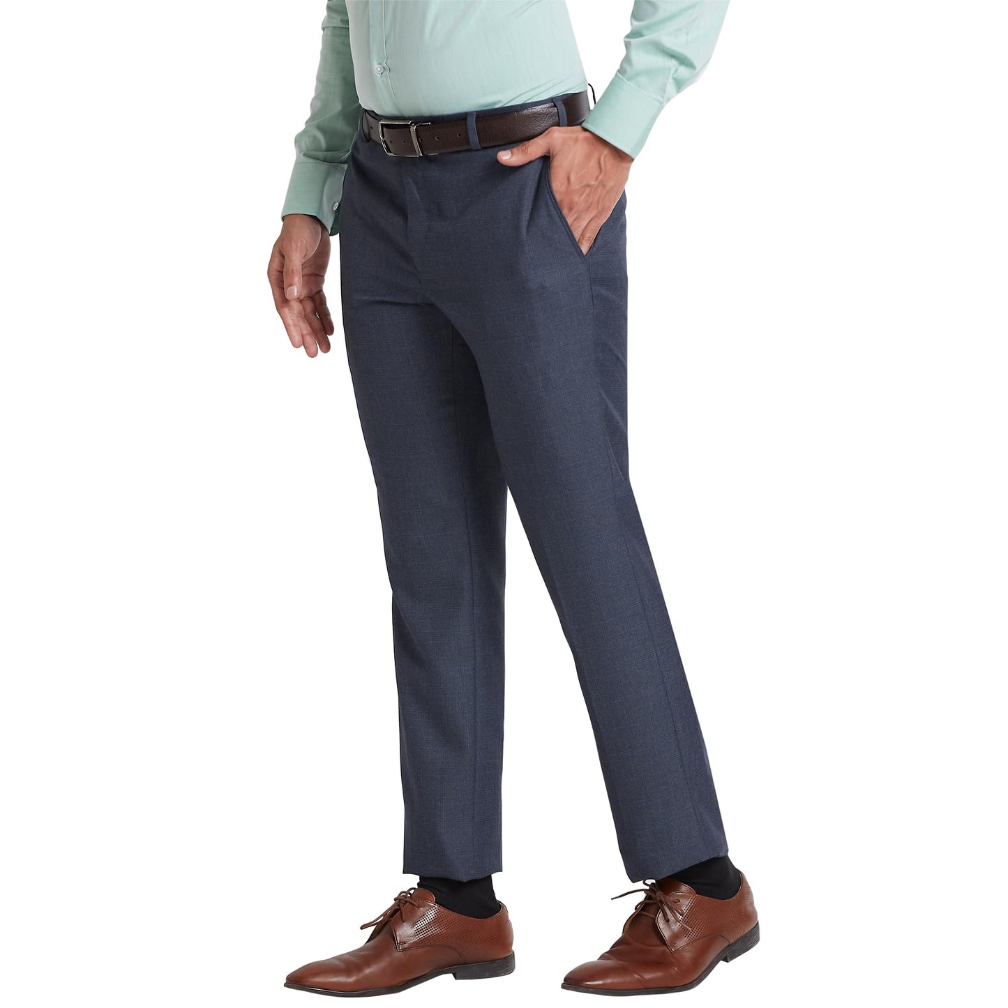 Park Avenue Men's Smart Fit Formal Trousers, Poly-Viscose Blend Check Pattern, Mid Rise, Performance Executive Wear | Medium Blue