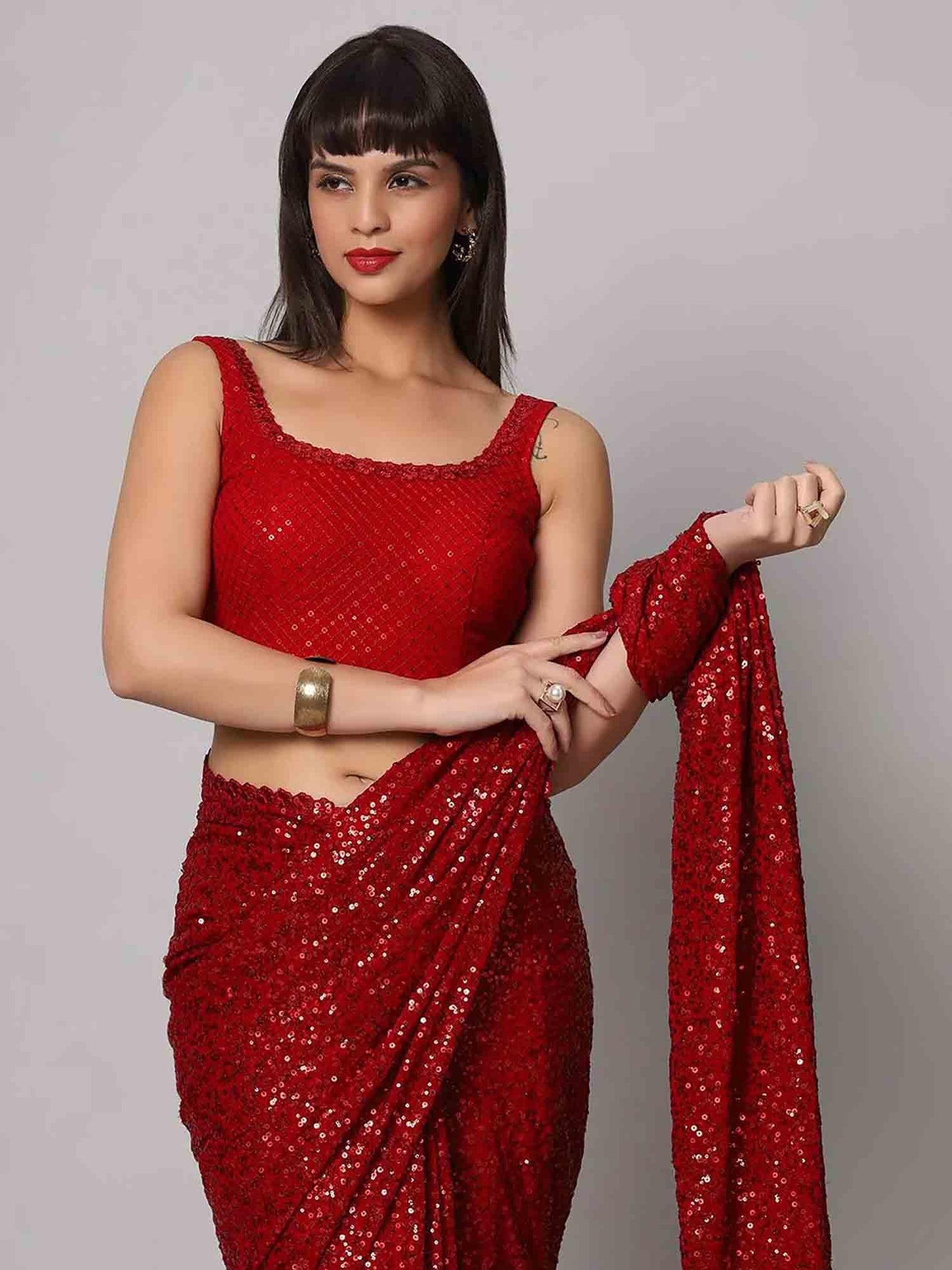 Zeel Clothing Women's Red Sequins Work Heavy Georgette Saree with Blouse (1010-Ruby-Red-Sequins-Party-Saree-New, Ruby Red)