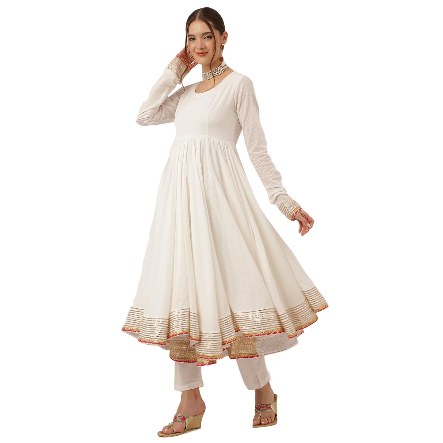 Divena Off White Shree Ram Buta Print Cotton Layered Anarkali Kurta, Trouser With Dupatta