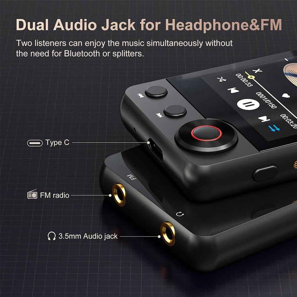 AUDIOCULAR M71 MP3 Music Player with Bluetooth 5.3, HiFi Speaker, 2.4” Touch Screen, 32GB Storage (Up to 128GB), Dual Audio Jack, Type-C Port, Video Playback, E-Book, Alarm, FM Radio etc. (32GB-Black)