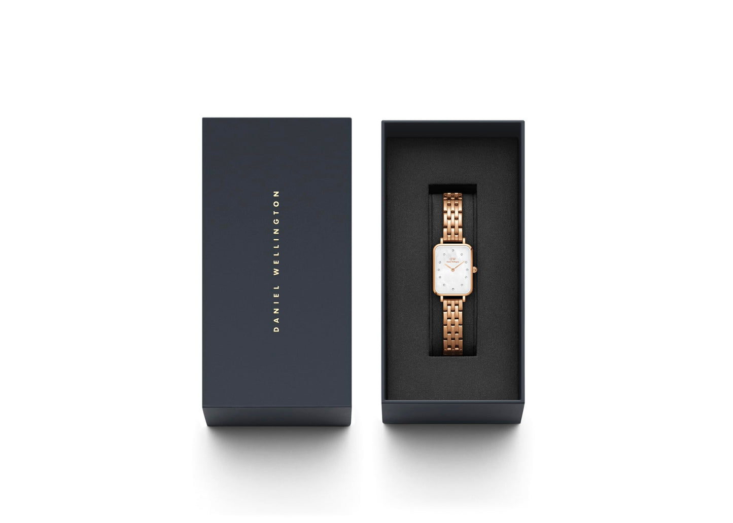 Daniel Wellington Stainless Steel Quadro Lumine 20X26 5-Link White Dial Women Analogue Watch, Rose Gold Band