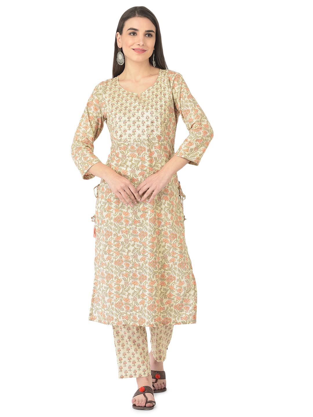 Pistaa's Women Cotton Straight Printed Suit Set (Cream, Large)