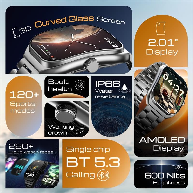 Boult Newly Launched Trail Pro Smartwatch 2.01'' 3D Curved Screen+AMOLED, BT Calling 5.3, 600 Nits Brightness, IP68, 250+ Watchfaces, 120+ Sports Modes, AI Voice Assistant, SpO2 Tracking (Metal Black)