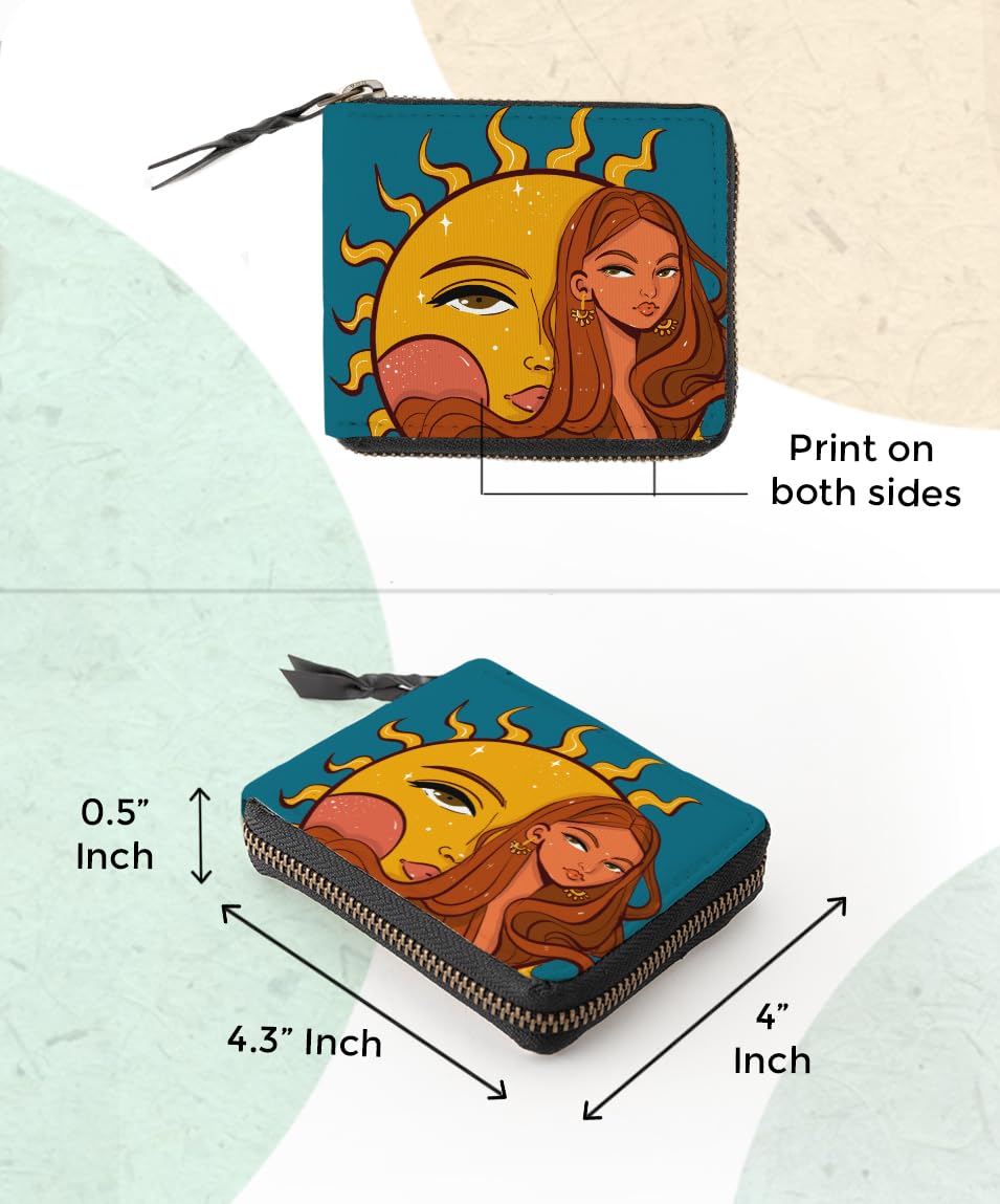 Kalankit Wallet for Women | Compact Vegan Leather Ladies Purse, Slim and Easy to Fit in Pocket with Card Slots, Cash & Coin Pocket | Small Bi-Fold Zip Wallets for Woman | The Child of Sun