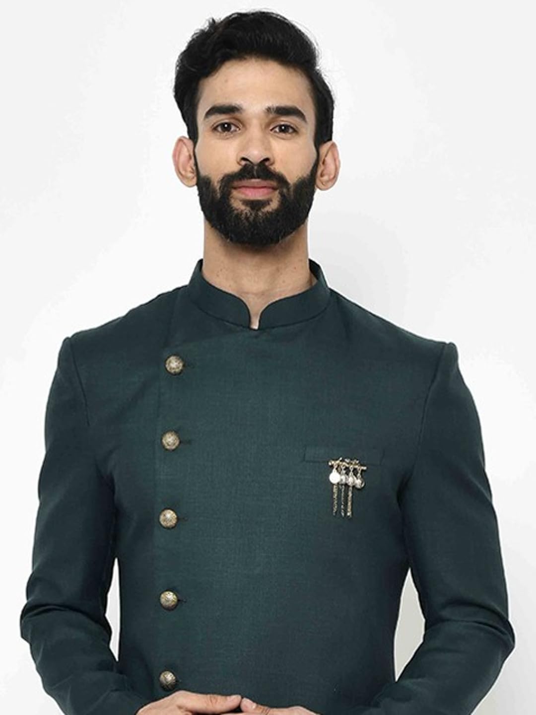 KISAH Men's Indo-Western Sherwani Dhoti Set, Green Cotton Blend, Solid Dyed Regular Fit Long Sleeves Mandarin Collar (42)