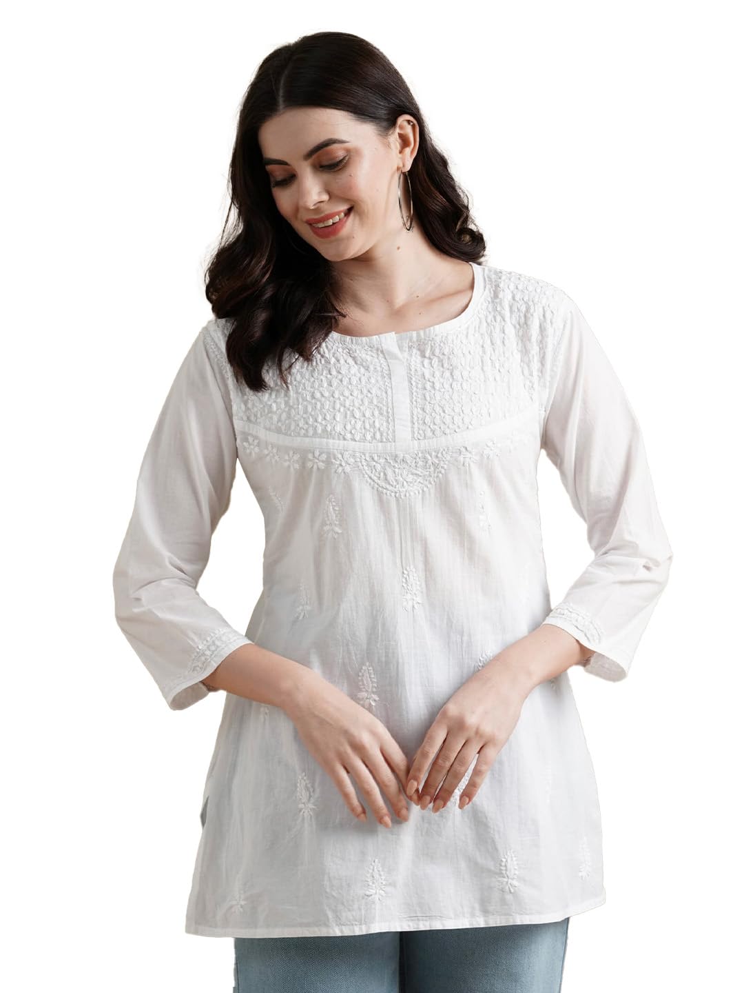 Ada Hand Embroidered Lucknow Chikankari Straight White Cotton Top Tunic Kurti for Women A296140 (6XL)
