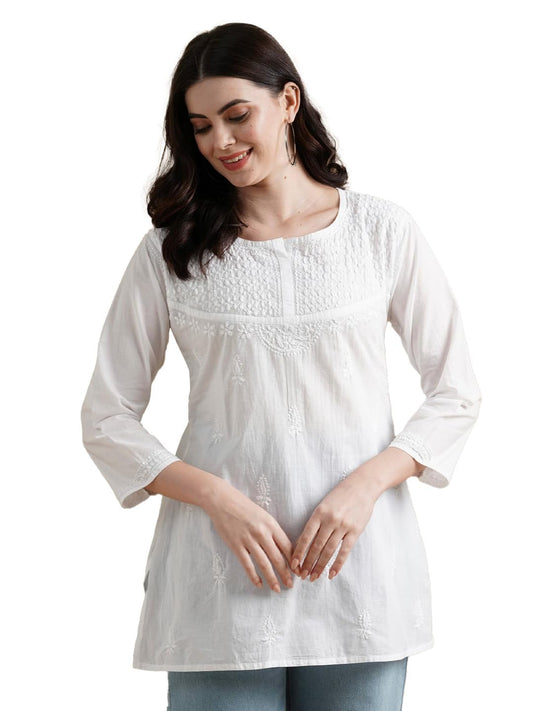 Ada Hand Embroidered Lucknow Chikankari Straight White Cotton Top Tunic Kurti for Women A296140 (6XL)