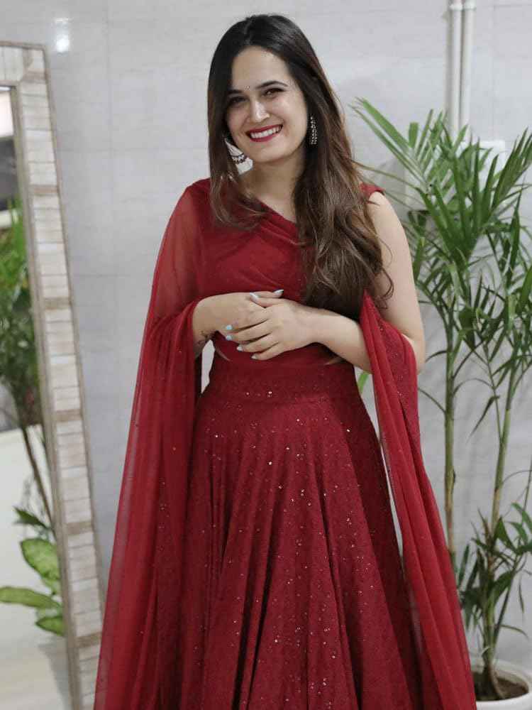 Zeel Clothing Women's Sequins Thread Embroidered Georgette Semi-Stitched Lehenga Choli With Dupatta (5124-Maroon-Women-Lehenga-Choli-Latest,Free Size)
