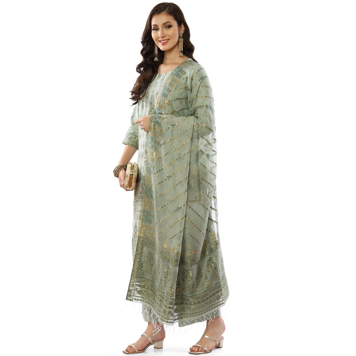 BIBA WOMEN YARNDYED STRAIGHT SALWAR KURTA DUPATTA(SKDASSORTED8385_MINT GREEN_38)