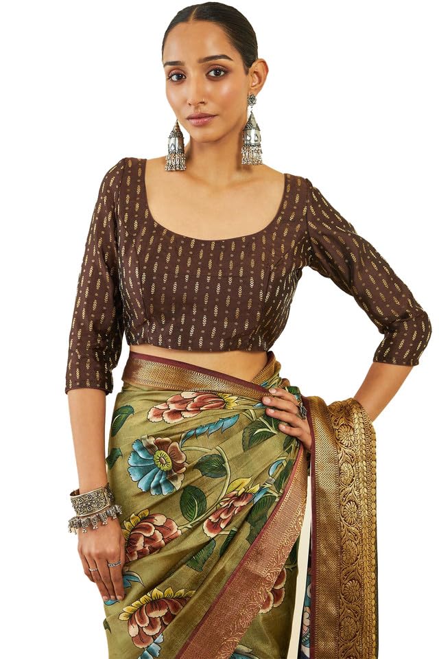 Soch Womens Olive Crepe Saree With Floral Kalamkari Print And Zari Borders