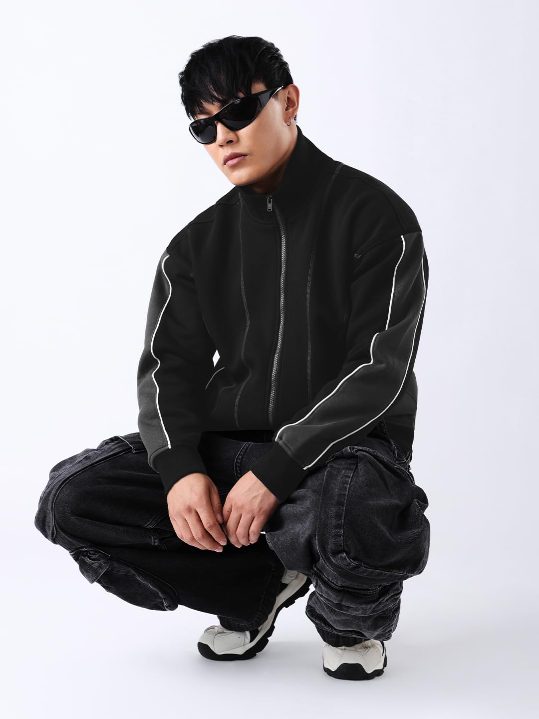 The Souled Store Varsity Jacket: Gunmetal Men and Boys Full Sleeves Mandarin Collar Solid Cotton Blend Oversized Fit Contrast Piping Casual Varsity Jacket