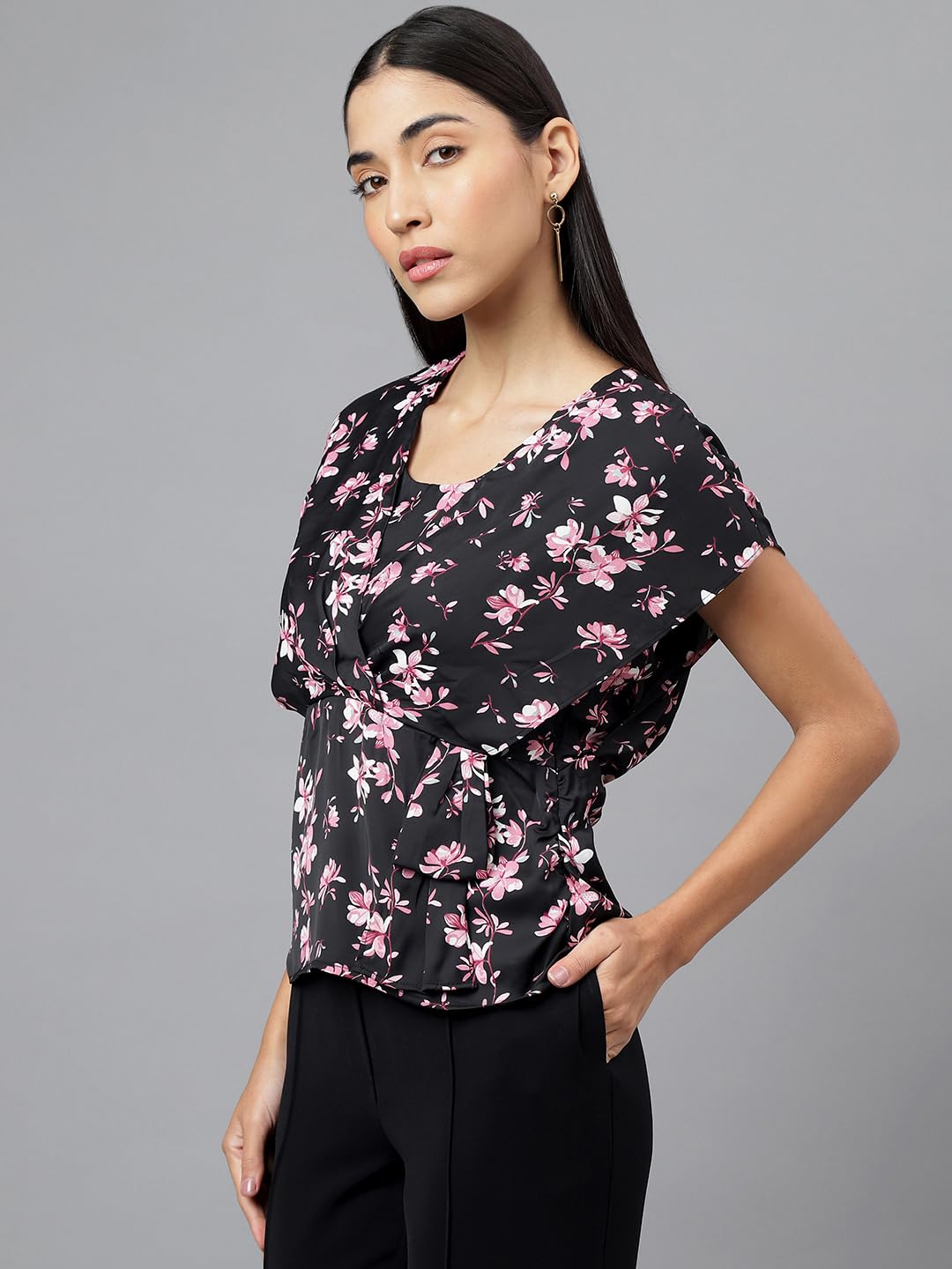 Latin Quarters Women Black Cap Sleeve V-Neck Printed Top_XXL