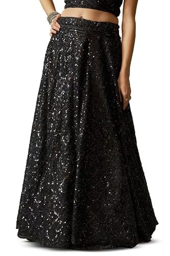 Soch Womens Black Net All-Over Sequin Embellished Unstitched Lehenga Set with Belt
