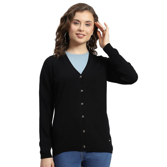 Monte Carlo Womens Brinjal Solid V Neck Full Sleeve Cardigan Sweater (1230527VN-1147-38)