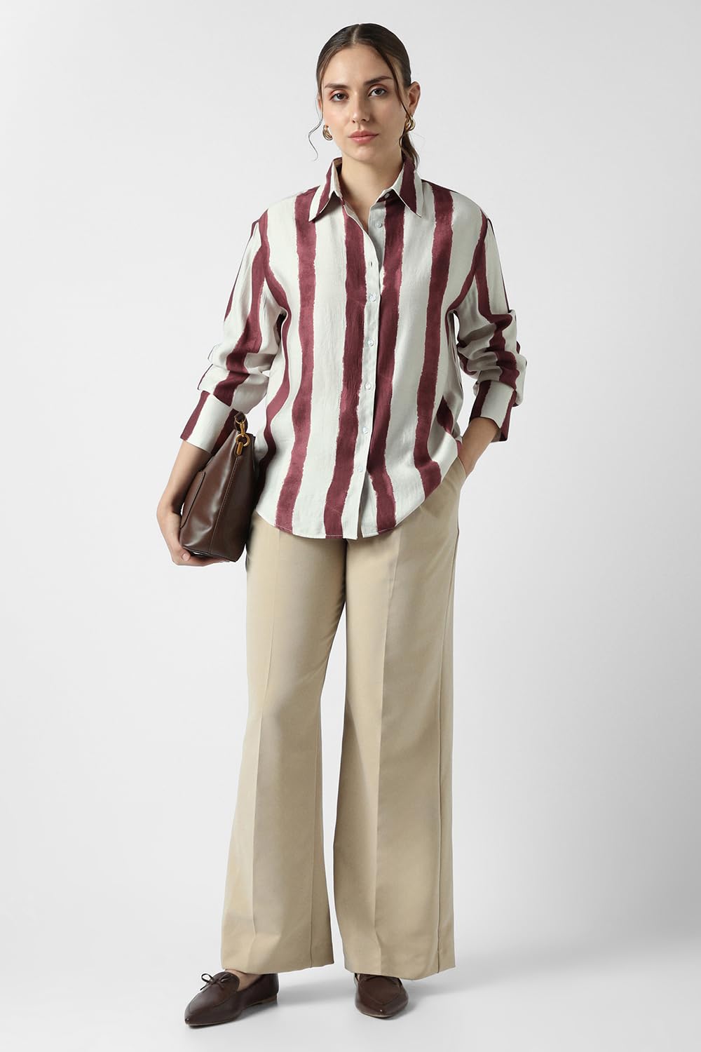Women Maroon Stripe Long Sleeves Casual Shirt