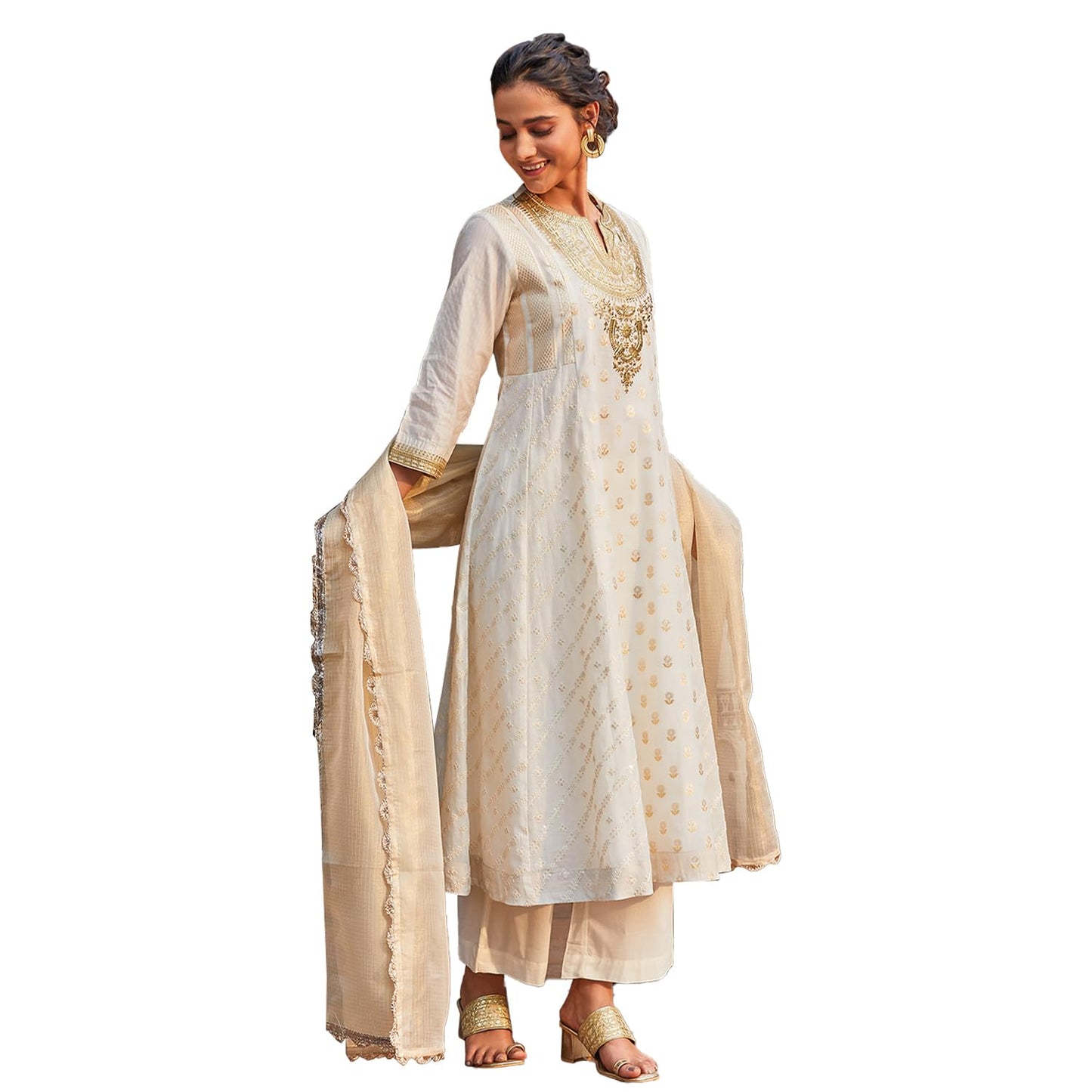 BIBA Women Cotton Blend Straight Self Design Suit Set (SKDMAURYA9378SS24OWHT_Off White