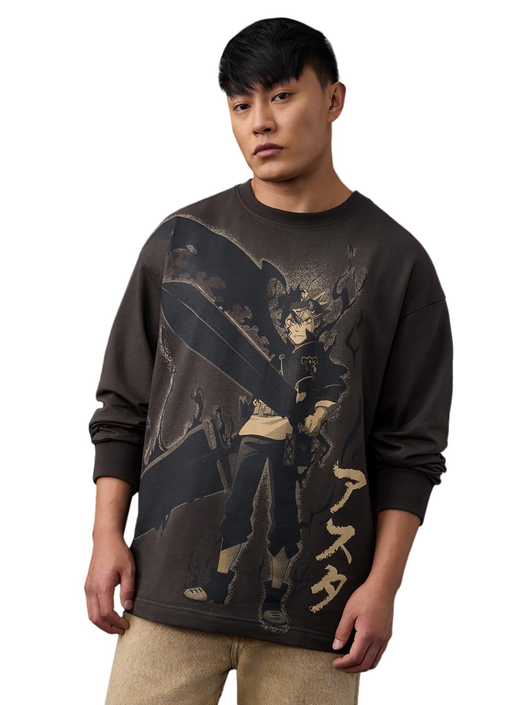 The Souled Store Black Clover: Asta Men and Boys Long Sleeves Round Neck Charcoal Grey Graphic Printed Anime Drop Shoulder Casual Drop Shoulder Oversized Full Sleeve T-Shirt