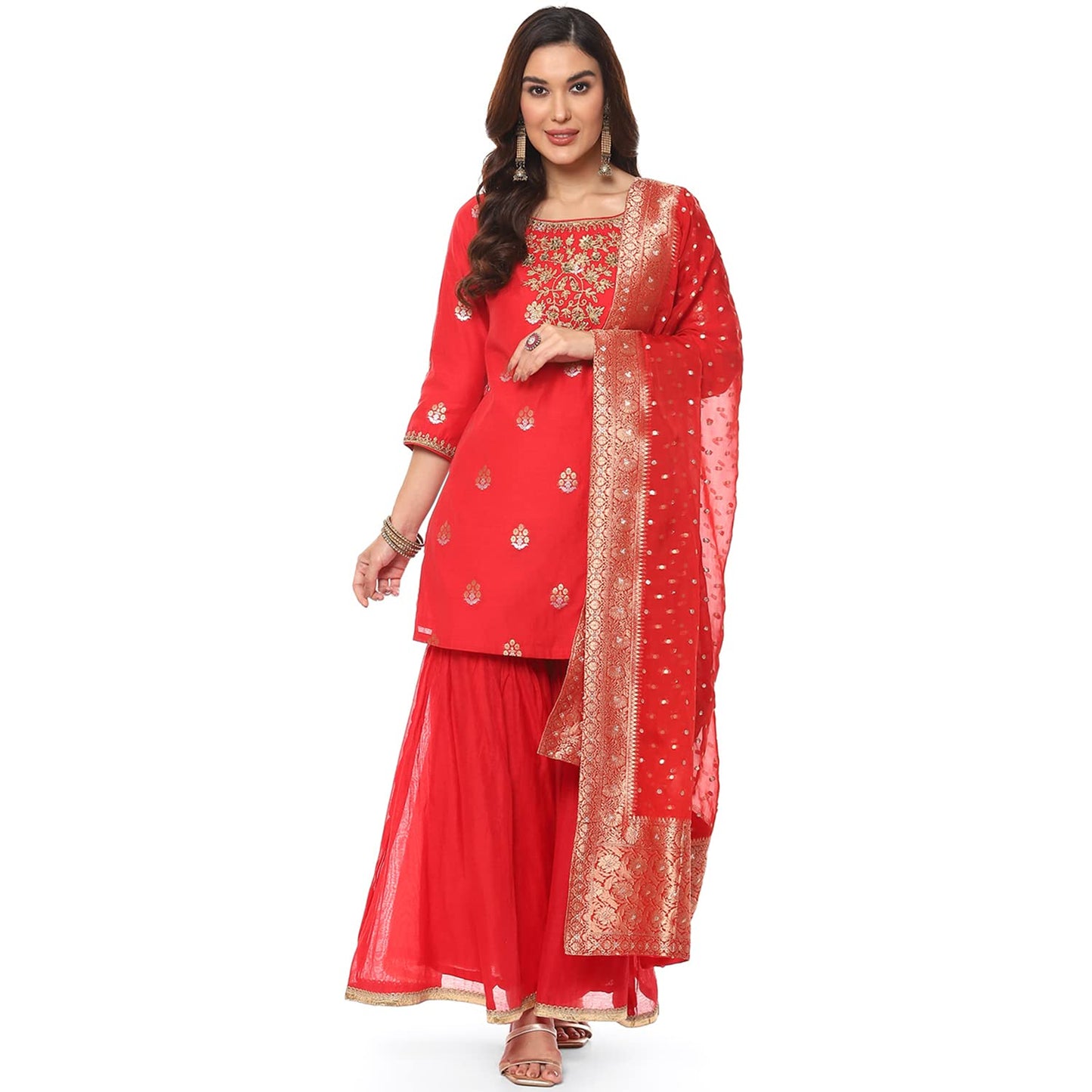 BIBA Cotton Women Embroidery Relaxed Salwar Kurta Dupatta (SKDBANARAS8143_RED_38), XL