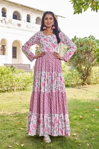Samprag Women’s Poly Viscose Rayon Gown | Pink Printed Fit & Flare Full-Length Ethnic Dress | Long Sleeve Round Neck Wedding (M)